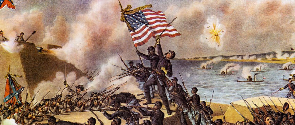 Colorful etching of the storm of fort wagner.