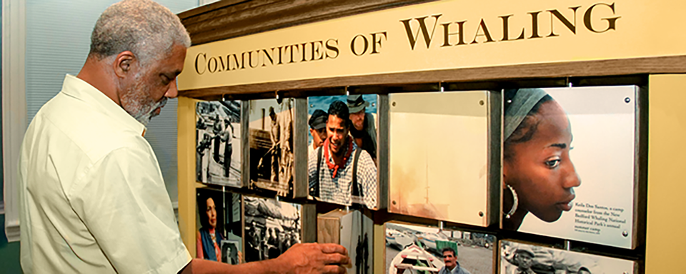 Visitor interacting with parks community of whaling exhibit. Visitor interacting with parks community of whaling exhibit.