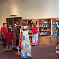 Four children looking at bookstore shelves and displays.