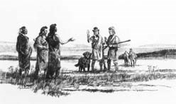 A sketch of two white men and a dog meeting three Nez Perce males. A sketch of two white men and a dog meeting three Nez Perce males.