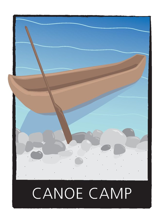 Canoe Camp Logo with Canoe and paddle on river