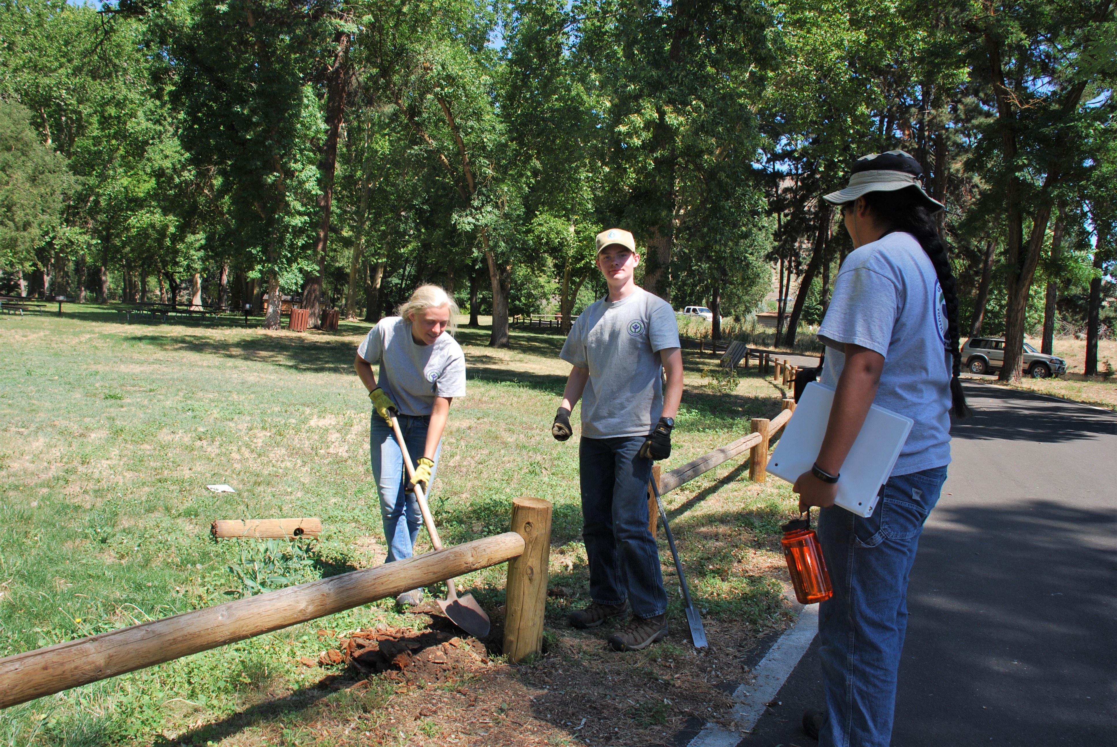 Three youth wearing grey t-shirts and jeans standing next to a wooden fence and grassy field surrounded by green trees holding hand tools. One is digging a hole by one of the fence posts.