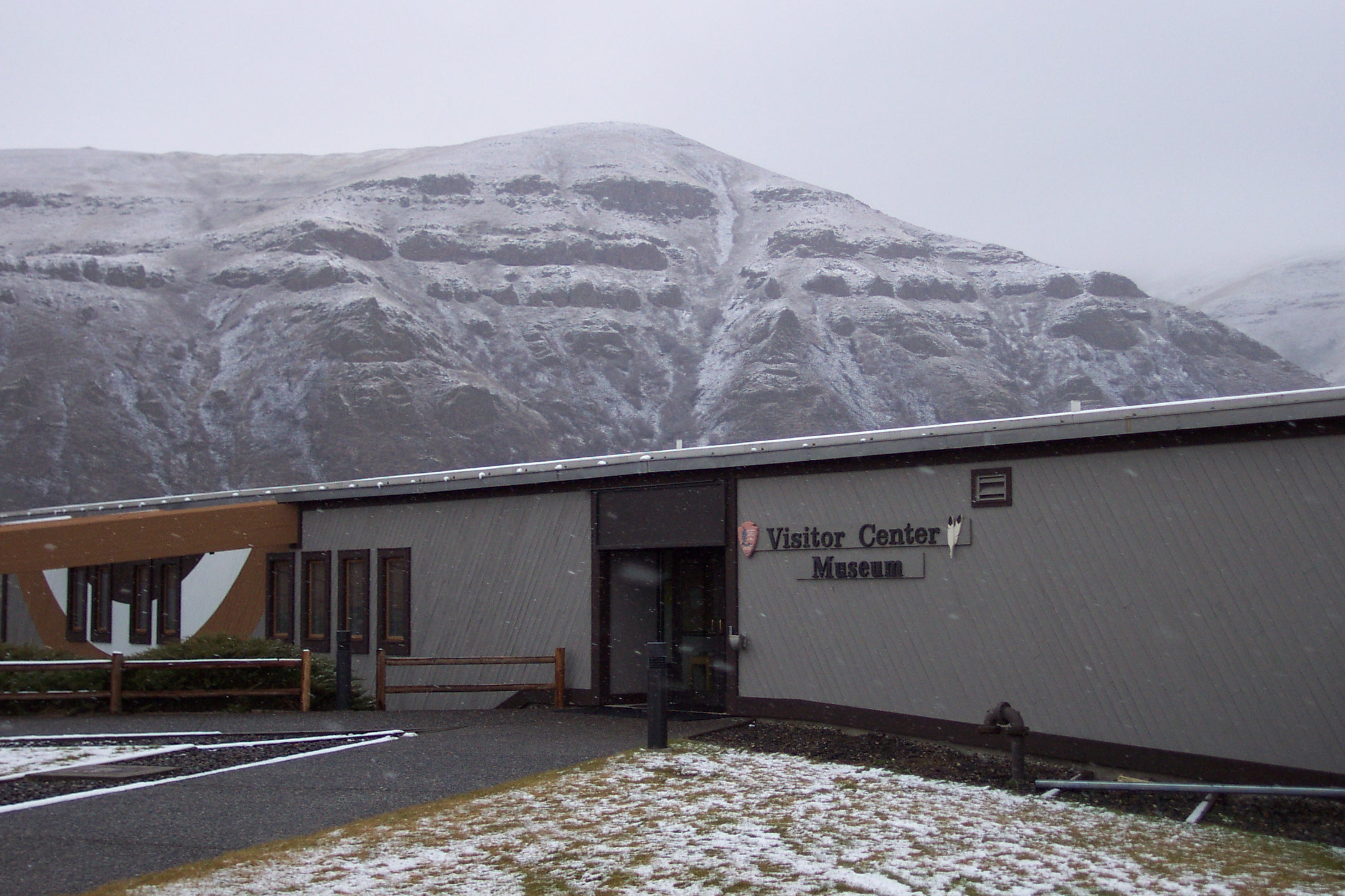 Spalding visitor center front entrance with snow