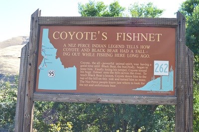 A brown interpretation sign with the words 'Coyote Fishnet' on it.