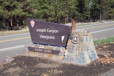 A dark brown sign with the words Joseph Canyon Viewpoint on it and the National Park Service and Forest Service logos