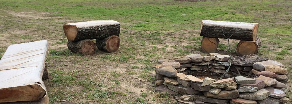 log benches and fire pit