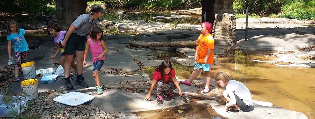 ranger with kids in stream
