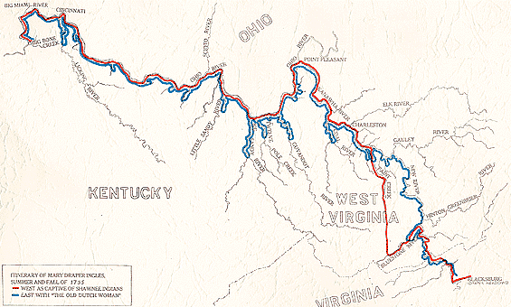 Map showing Mary's path home along the Ohio, Kanawha, and New Rivers