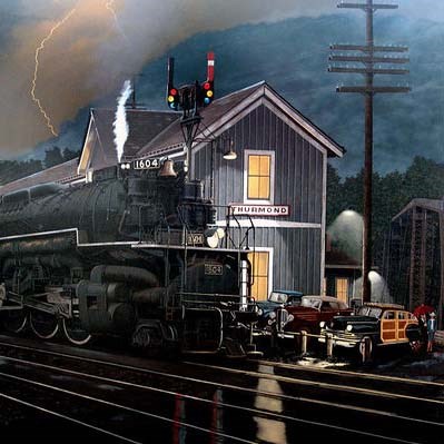 A painting of a large steam locomotive in front of a long wooden building at night while lightning strikes in the background.