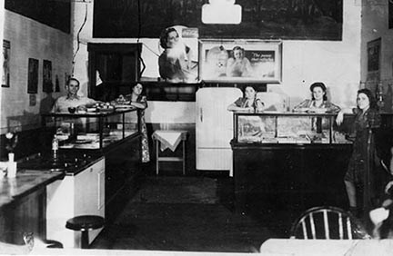 historic black and white photo of restaurant interior