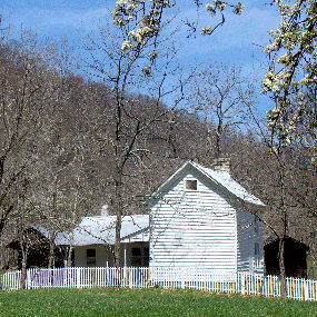 A white house behind a white wooden fence surrounded by a green grassy field and blossoming trees