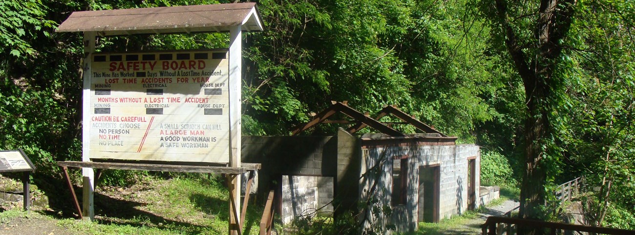 Historic signs and ruins of Kaymoor Mine