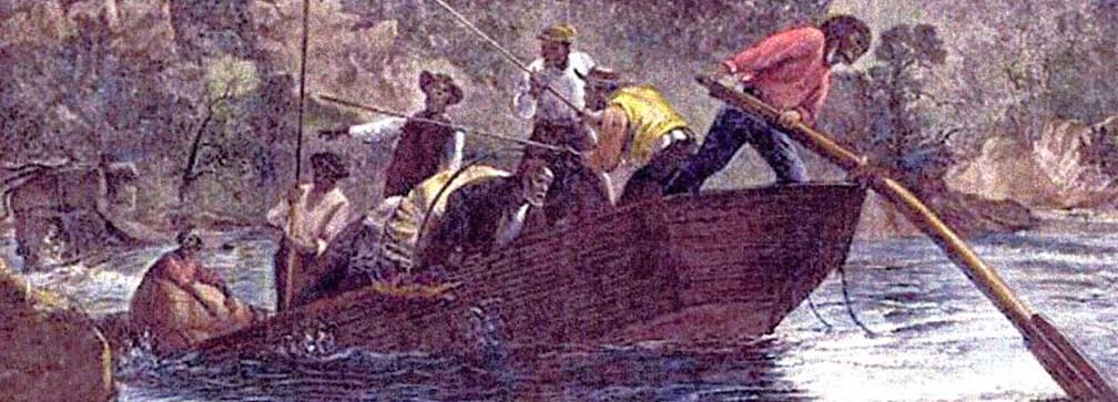 illustration of men rowing a batteau down the river