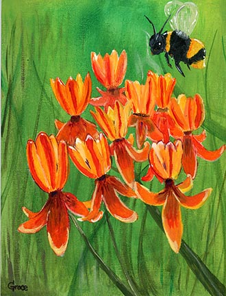 student artwork, painting of wildflower and bee