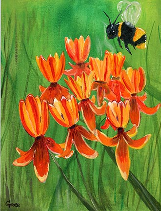 student artwork, painting of wildflower and bee student artwork, painting of wildflower and bee