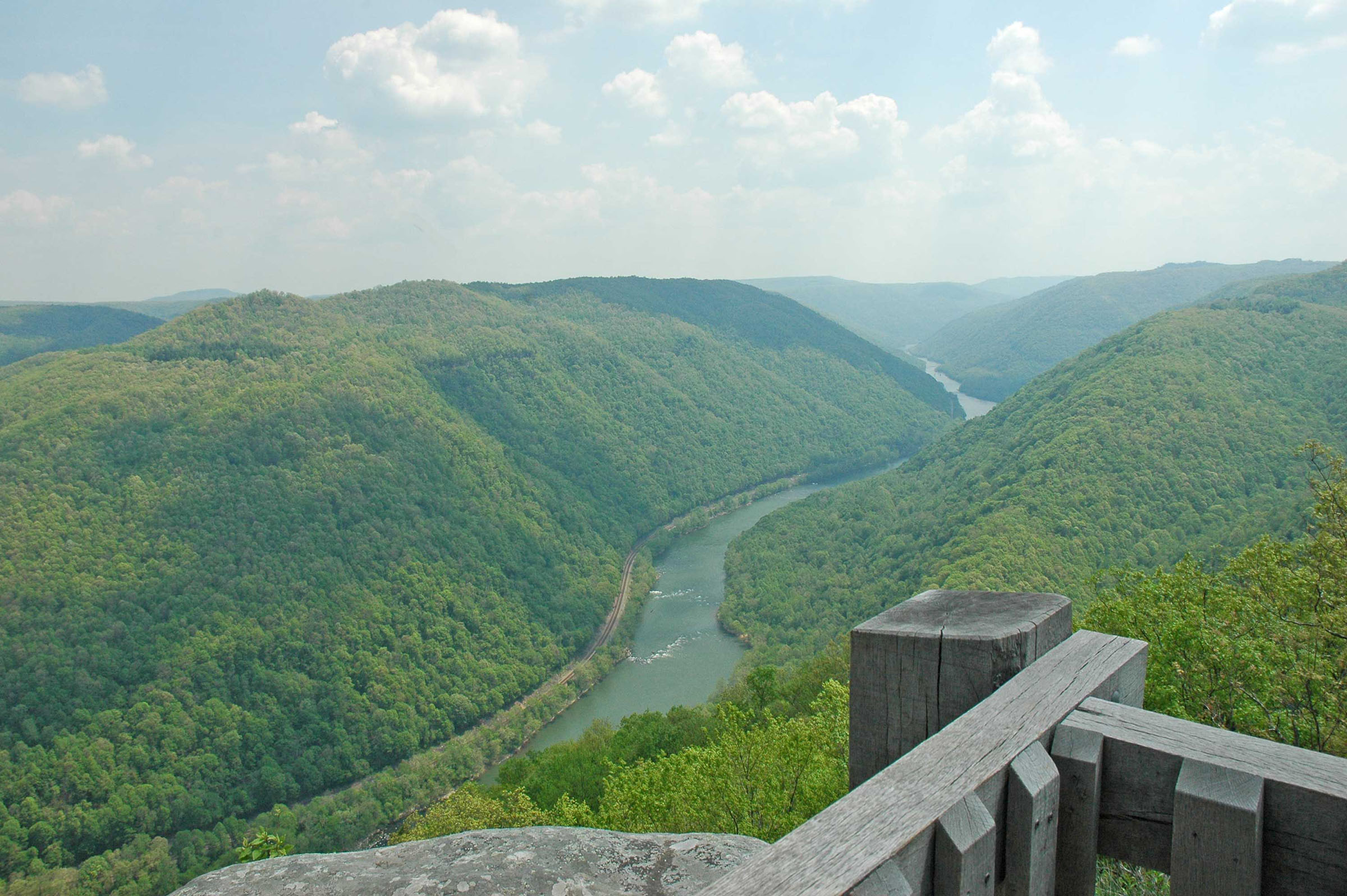 View from Grandview Main Overlook The new river flowing through the deep green slopes of the gorge at Grandview Main Overlook