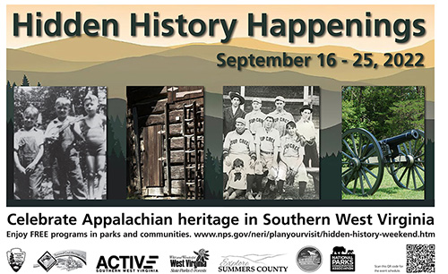 2022 Hidden History Happenings Collection of historic images of young boys playing the banjo, a baseball team, a civil war cannon, and a wooden building