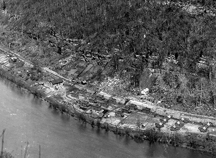 historic photo of a coal camp from above