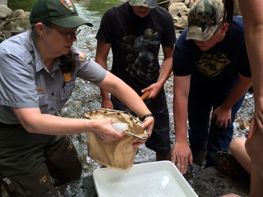 ranger with kids looking at aquatic animals