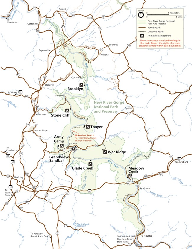 Map of New River Gorge National Park and Preserve highlighting the campgrounds within the park