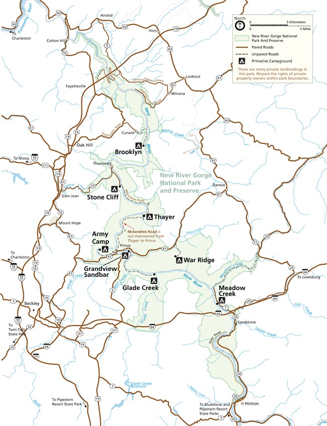 Map of New River Gorge National Park and Preserve highlighting the campgrounds within the park