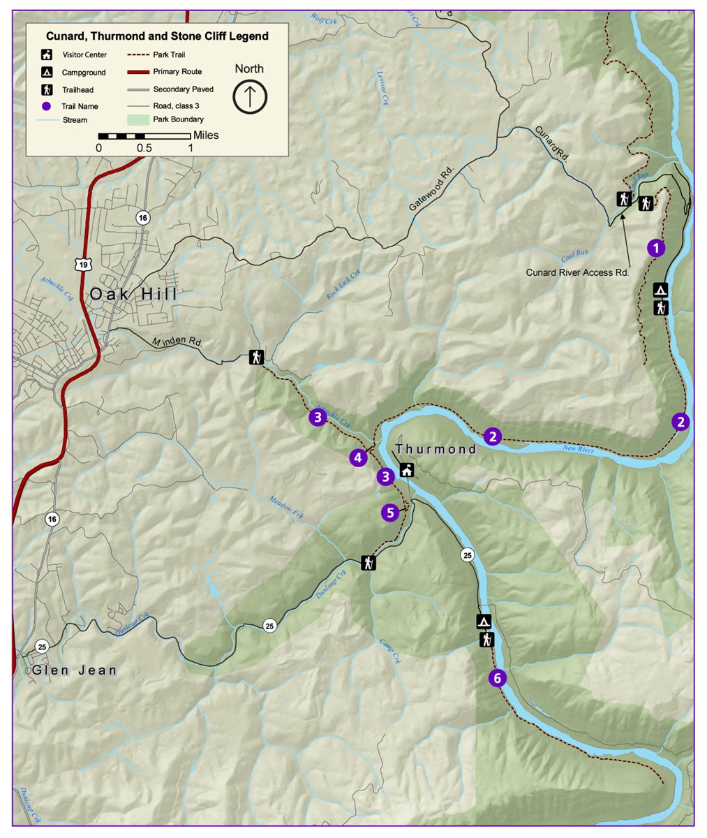 Map of the trails in Thurmond, Cunard, and Stone Cliff