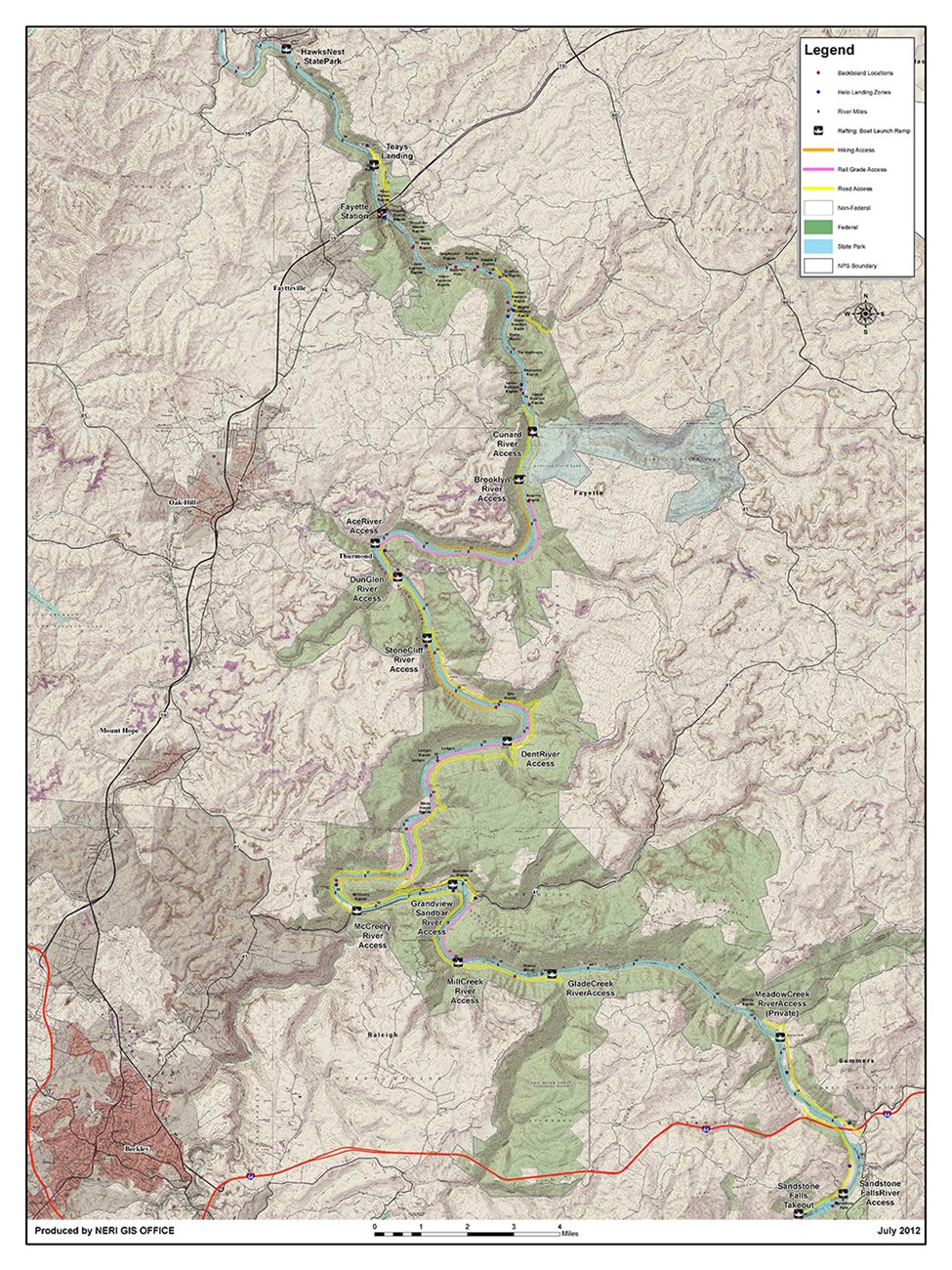 A detailed topographical map showing the entire New River Gorge National Park and Preserve, highlighting the New River and the access points along the river. North is to the top of the image