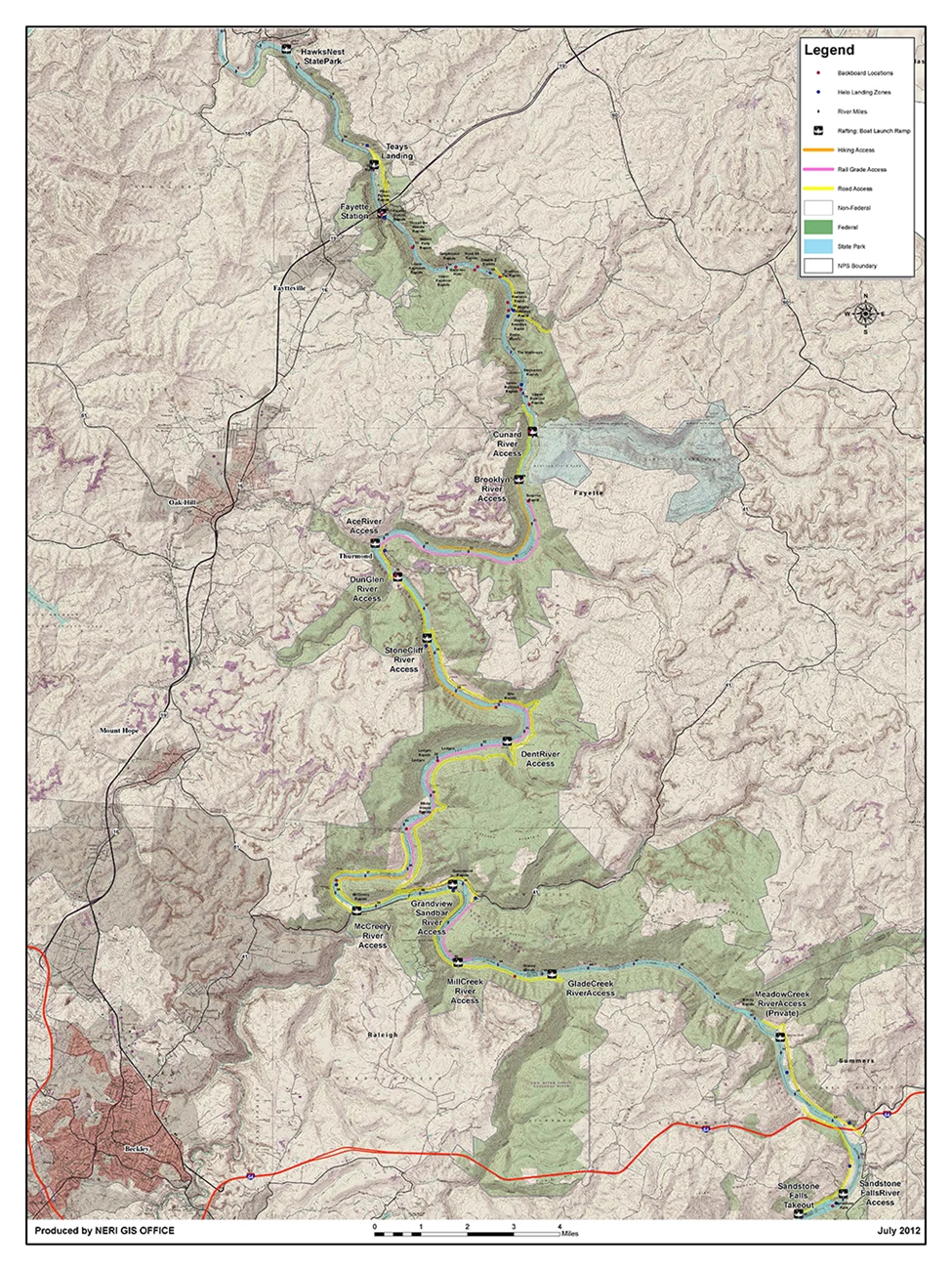 Emergency River Access Map A detailed topographical map showing the entire New River Gorge National Park and Preserve, highlighting the New River and the access points along the river. North is to the top of the image