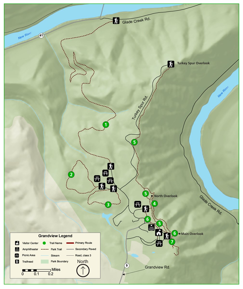 Map of the Grandview hiking trails with the new river crossing from top left to bottom right.