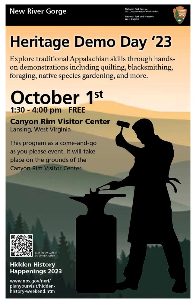 A light orange poster with silhouette of a blacksmith hammering on an anvil. The poster advertises Heritage Demo Day 2023