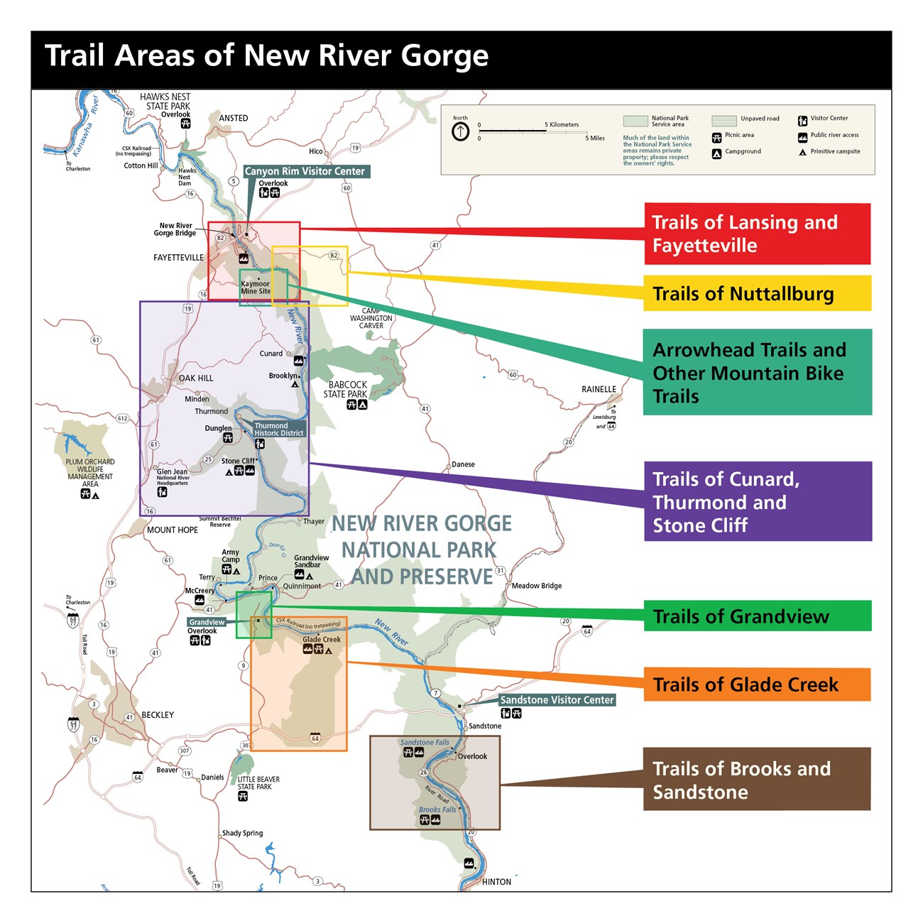 A map of New River Gorge National Park and Preserve with callouts of the different trail areas