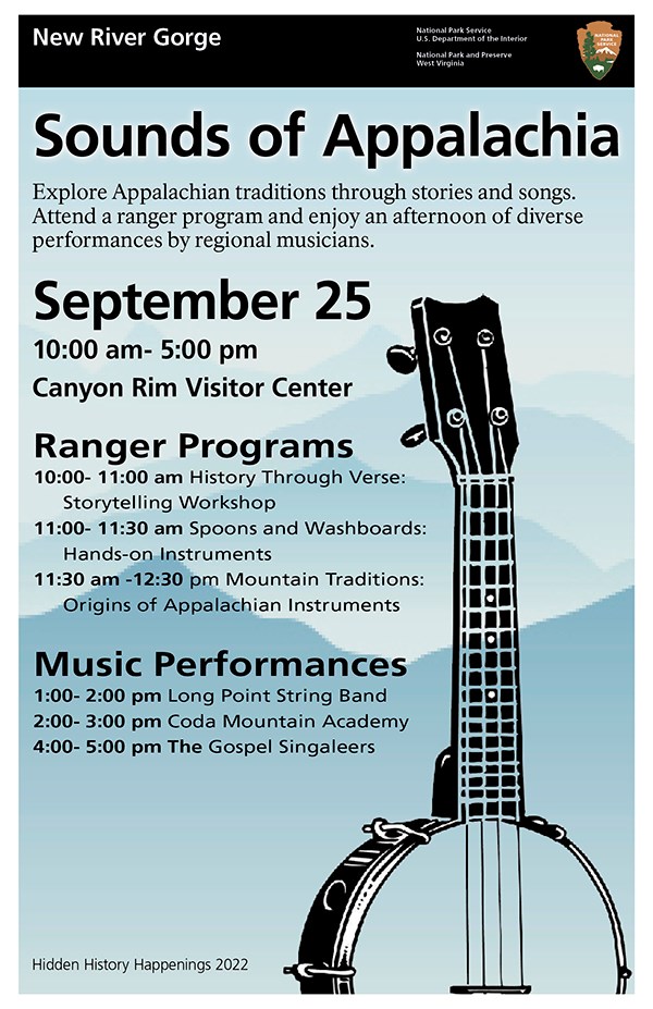 Poster with banjo and schedule of events for Sounds of Appalachia