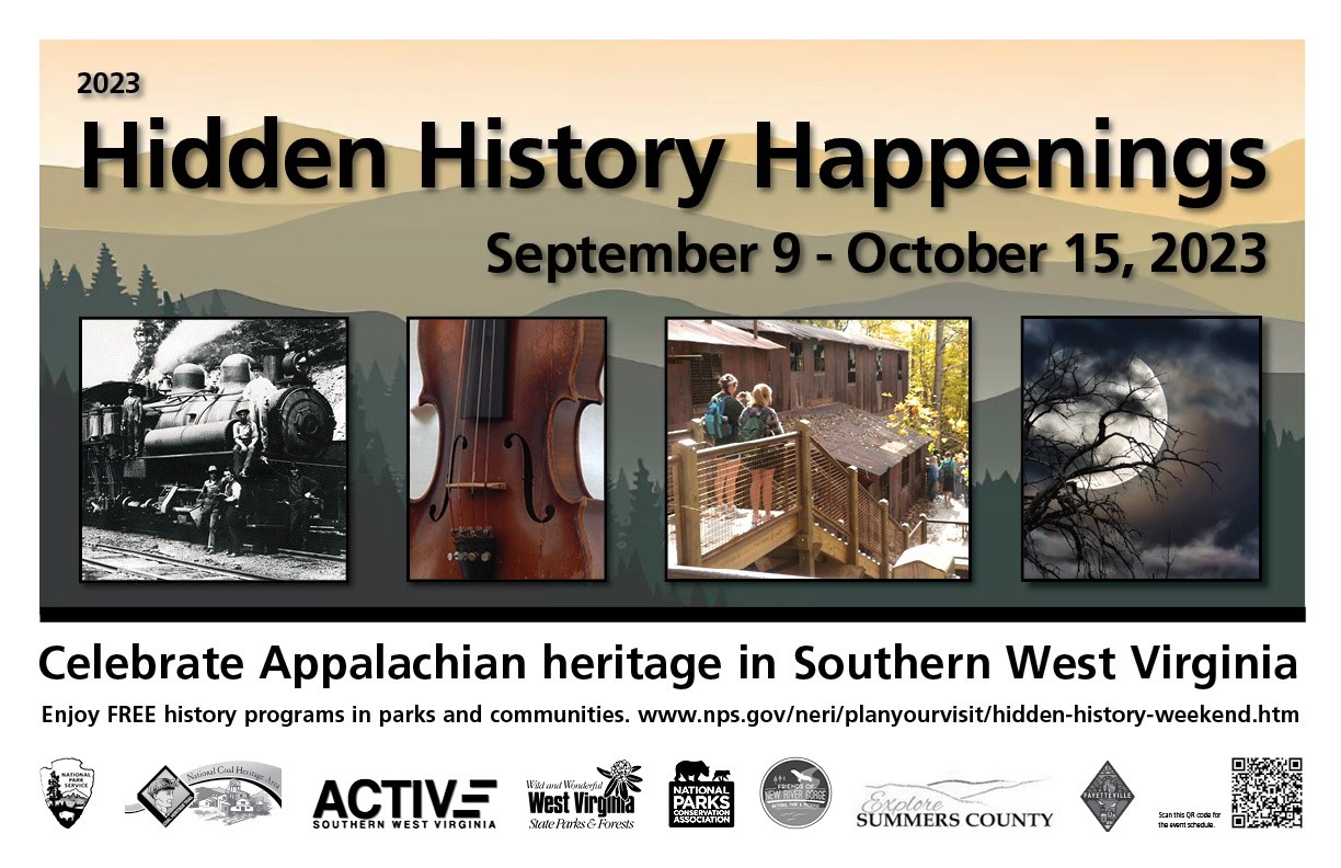 A poster that says hidden history happenings with pictures of a steam locomotive, a violin, people on wooden stairs near an old building, and a full moon