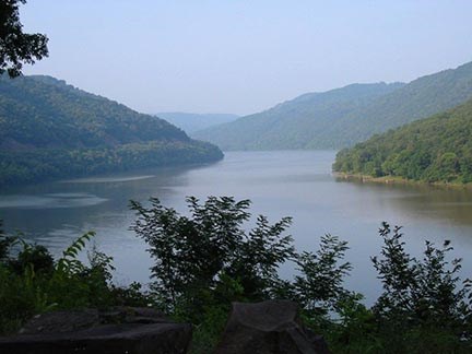 A lake with trees and mountains