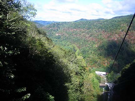 An aerial tram descending into a gorge