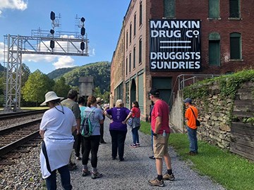 visitors walking alongside historic buildings