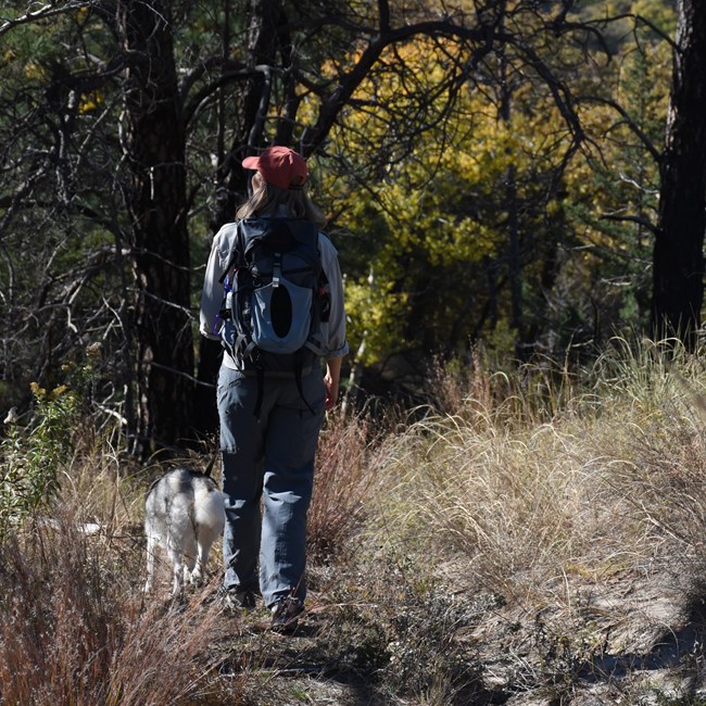 A woman and dog hike along a trail on a bluff with the Niobrara NSR below them.