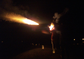 Reenactor firing musket from Historic Star Fort