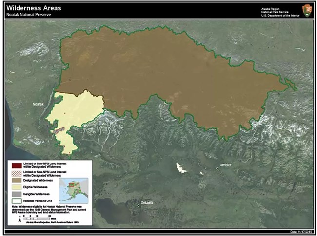 A map of wilderness areas in Noatak National Preserve. Colored areas west of Noatak and north of Selawik and Ambler indicate wilderness. About 80% of the land is designated wilderness, with the remaining 20% being eligible wilderness.