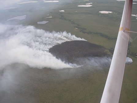 Aerial view of the tundra with a round burnt area emitting lots of smoke from the left edge.