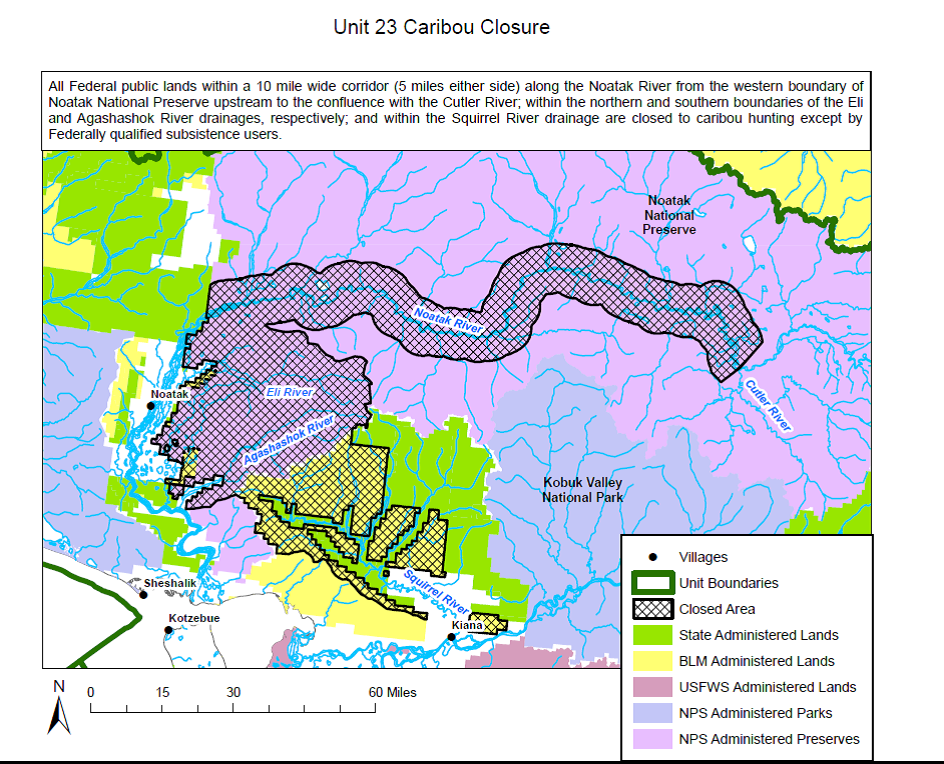 map of part of northwest alaska. map legend specifies that a corridor along the noatak river and within the squirrel river drainage are closed to caribou hunting