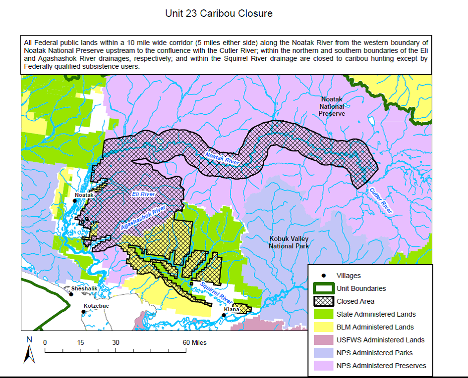 map map of part of northwest alaska. map legend specifies that a corridor along the noatak river and within the squirrel river drainage are closed to caribou hunting