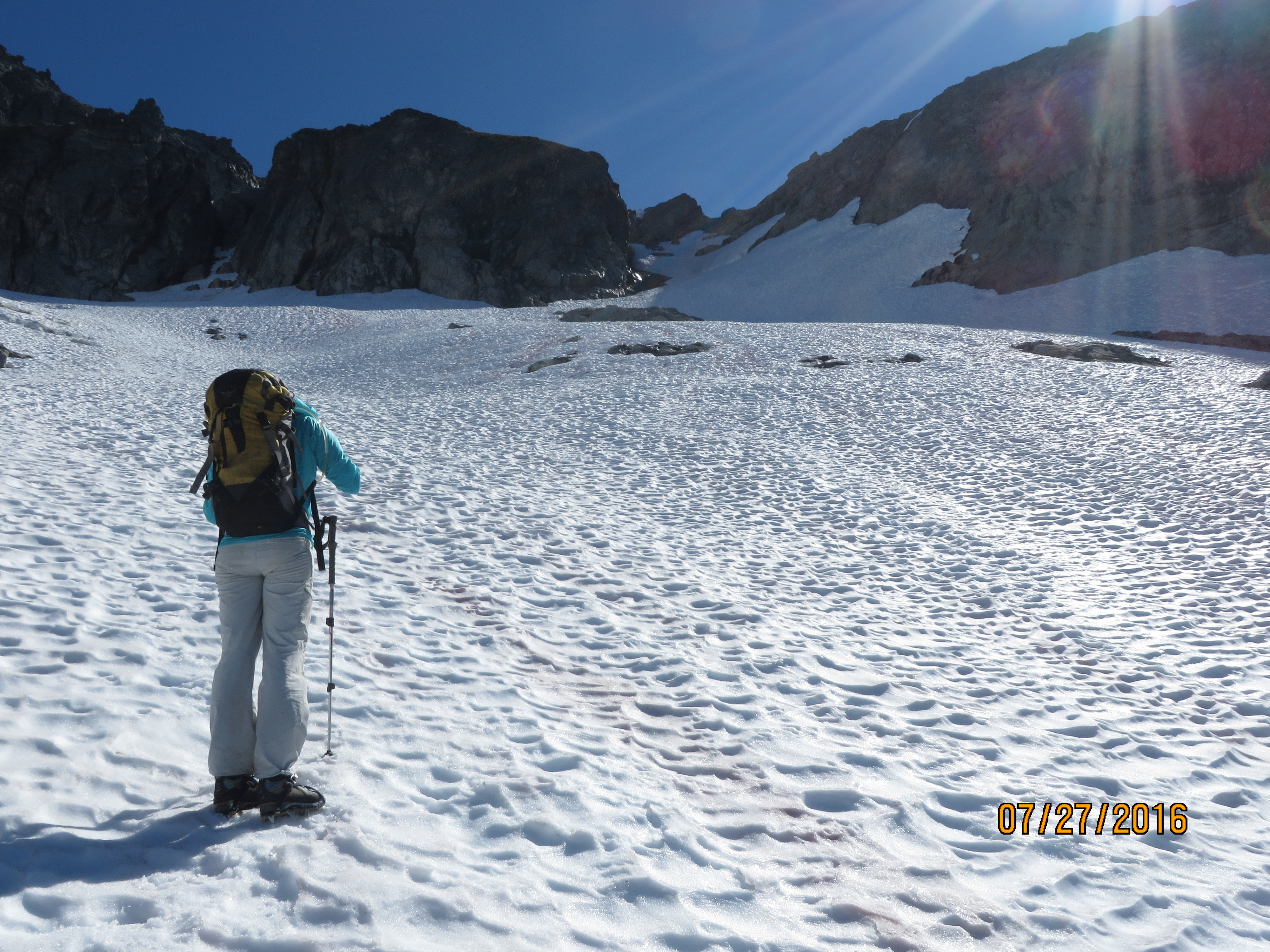 Looking across unnamed glacier and snow gully approach to East Ridge