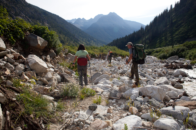 The Pika Project team working their way up North Fork Bridge Creek. NPS/Karlie Roland