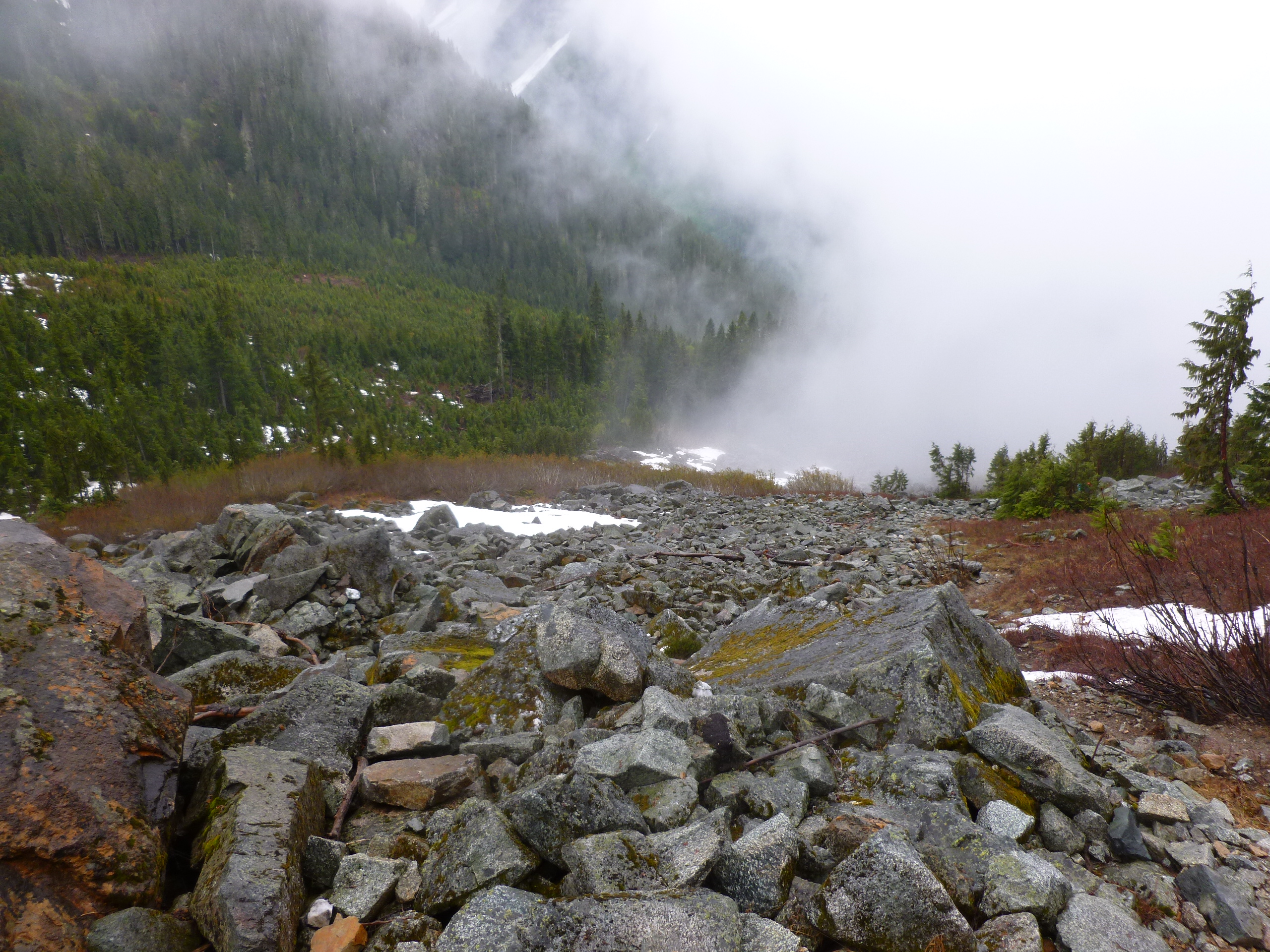 View of the upper boulder field from snow line at 5,200