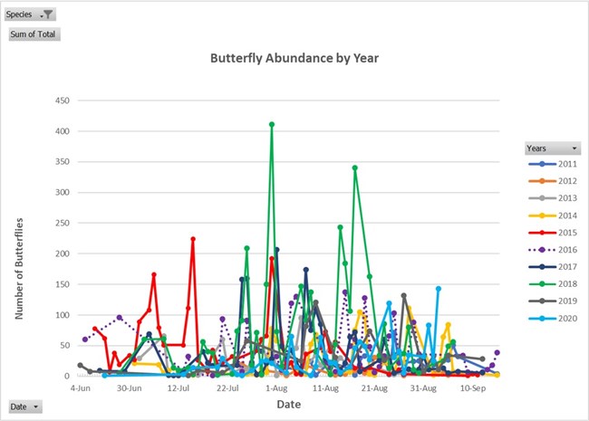 Colorful graph of butterfly emergence by date