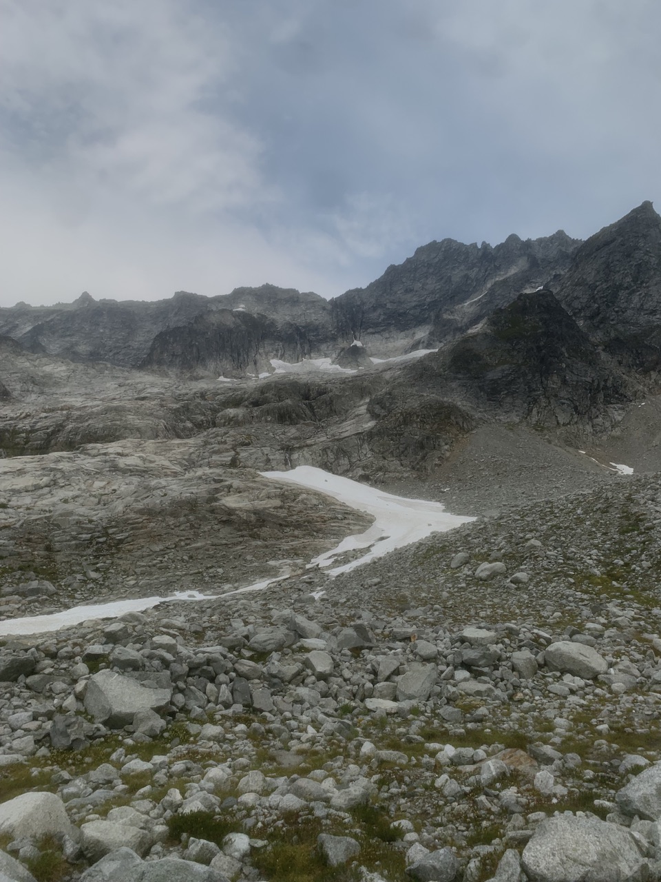 Late season, firm snow below the Cat Scratch Gullies