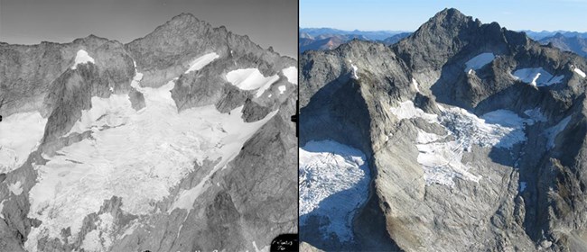 Comparative photo of glacier receding on mountain peak