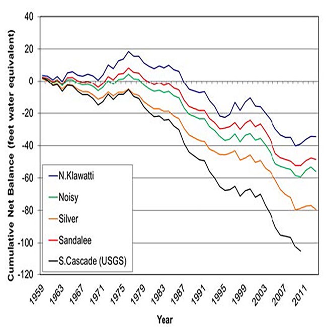 Graph depicting lines of five glacier data of data per years.