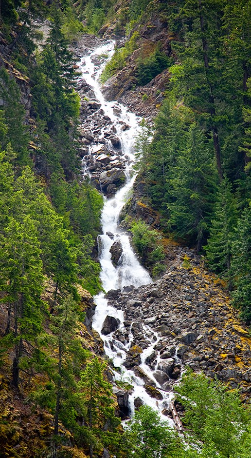Waterfall, as seen from the Diablo Lake Boat Tour. Image Credit: NPS/Astudillo